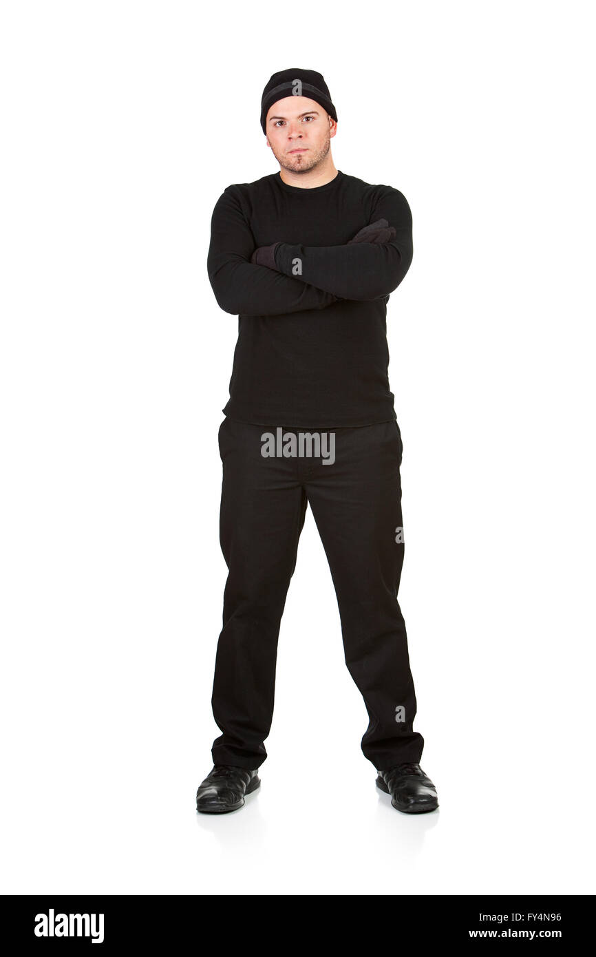 Serie mit kaukasischen Mann als ein Einbrecher oder Dieb, schleichen in einem Fenster Durchführung Hehlerei, etc..  Isoliert auf weißem Zeitmessung Stockfoto