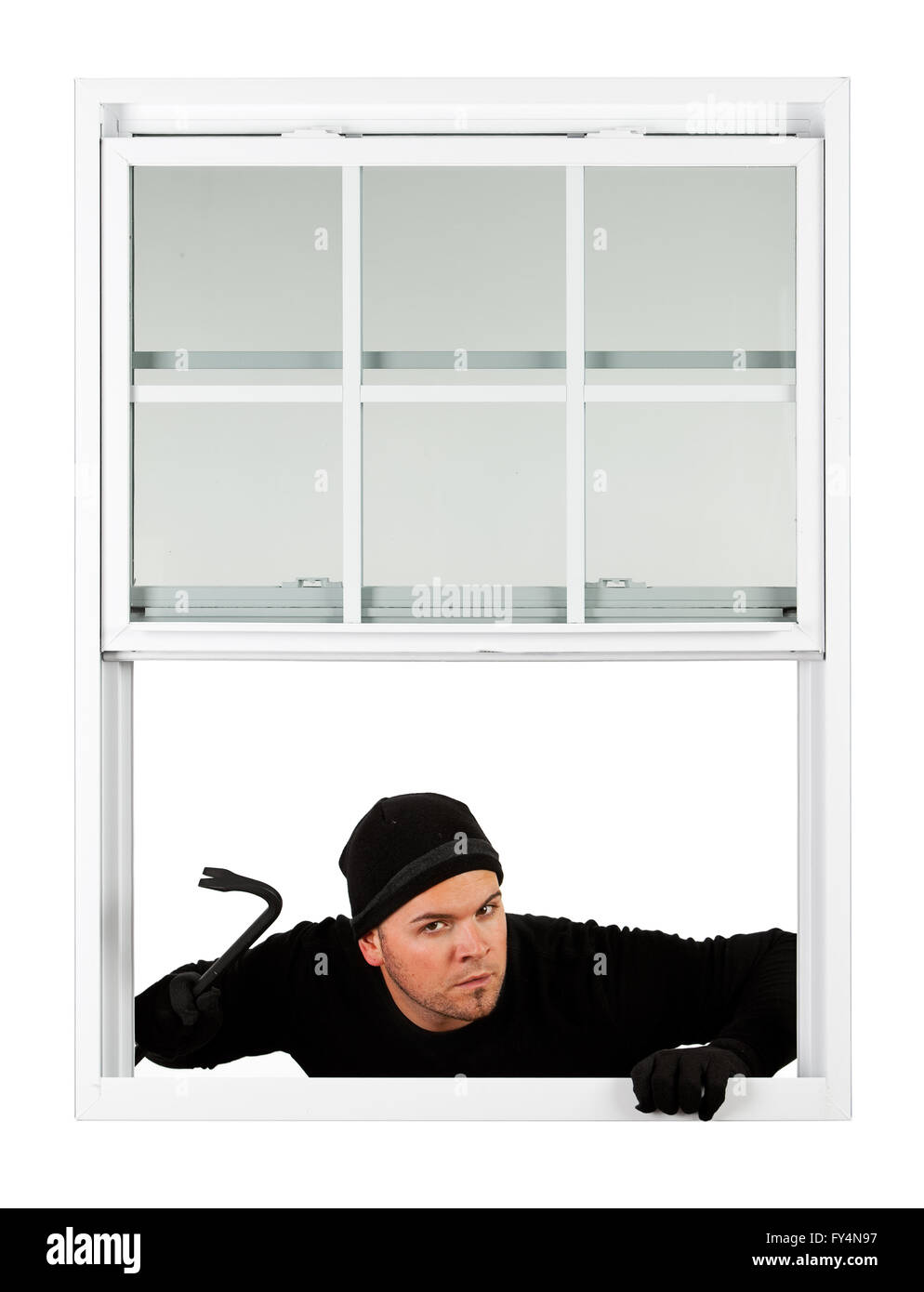 Serie mit kaukasischen Mann als ein Einbrecher oder Dieb, schleichen in einem Fenster Durchführung Hehlerei, etc..  Isoliert auf weißem Zeitmessung Stockfoto