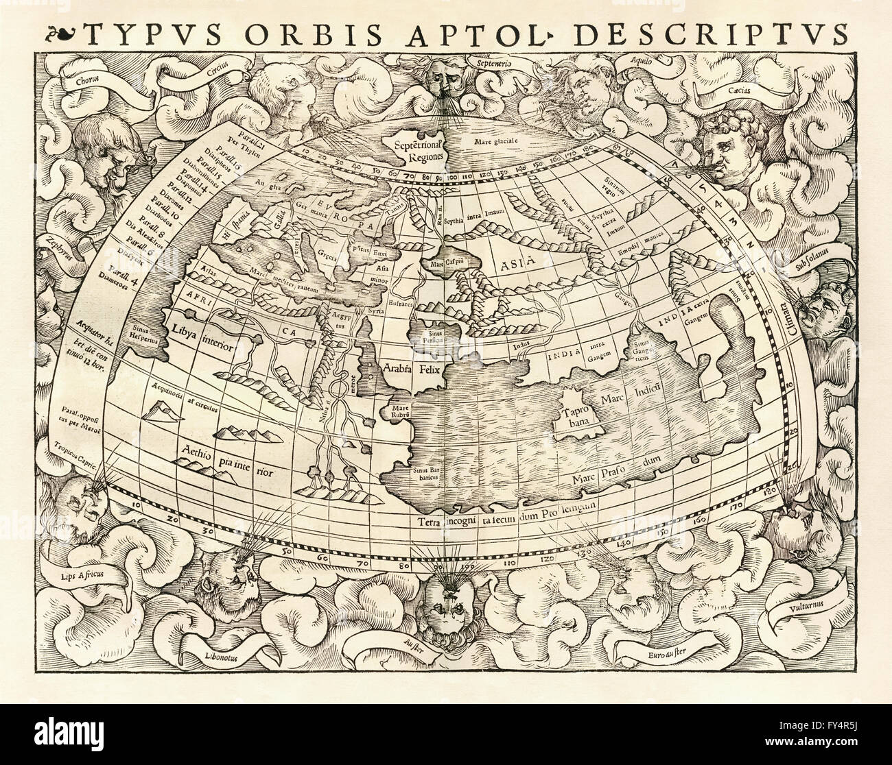 "Typus Orbis A Ptol. Desciptus Weltkarte nach Claudius Ptolemäus (100-170), Greco-ägyptische Geograph und Kartograph. Siehe Beschreibung für mehr Informationen. Stockfoto