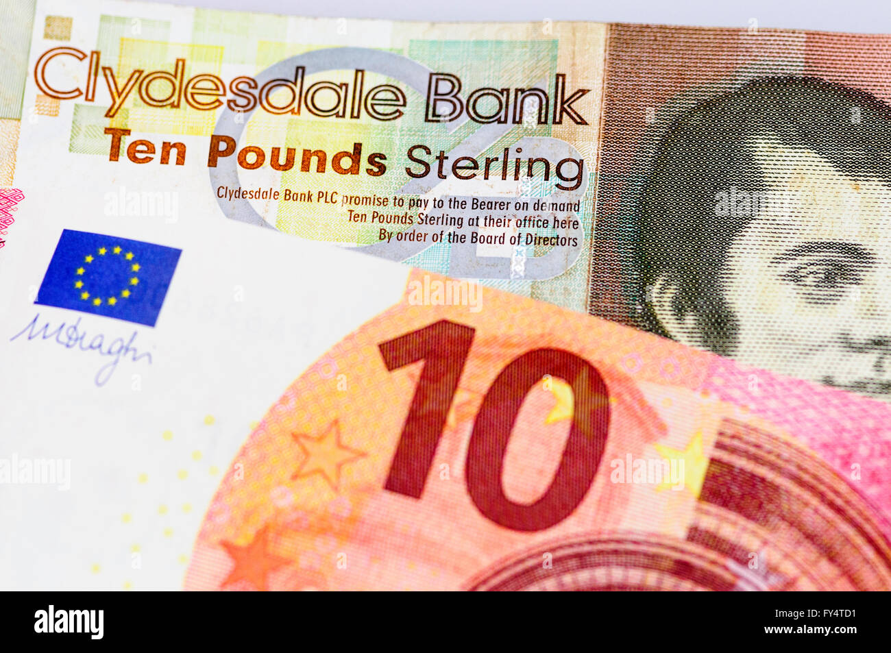 Clydesdale Bank £10 Hinweis aus Schottland mit €10 Euro. Stockfoto