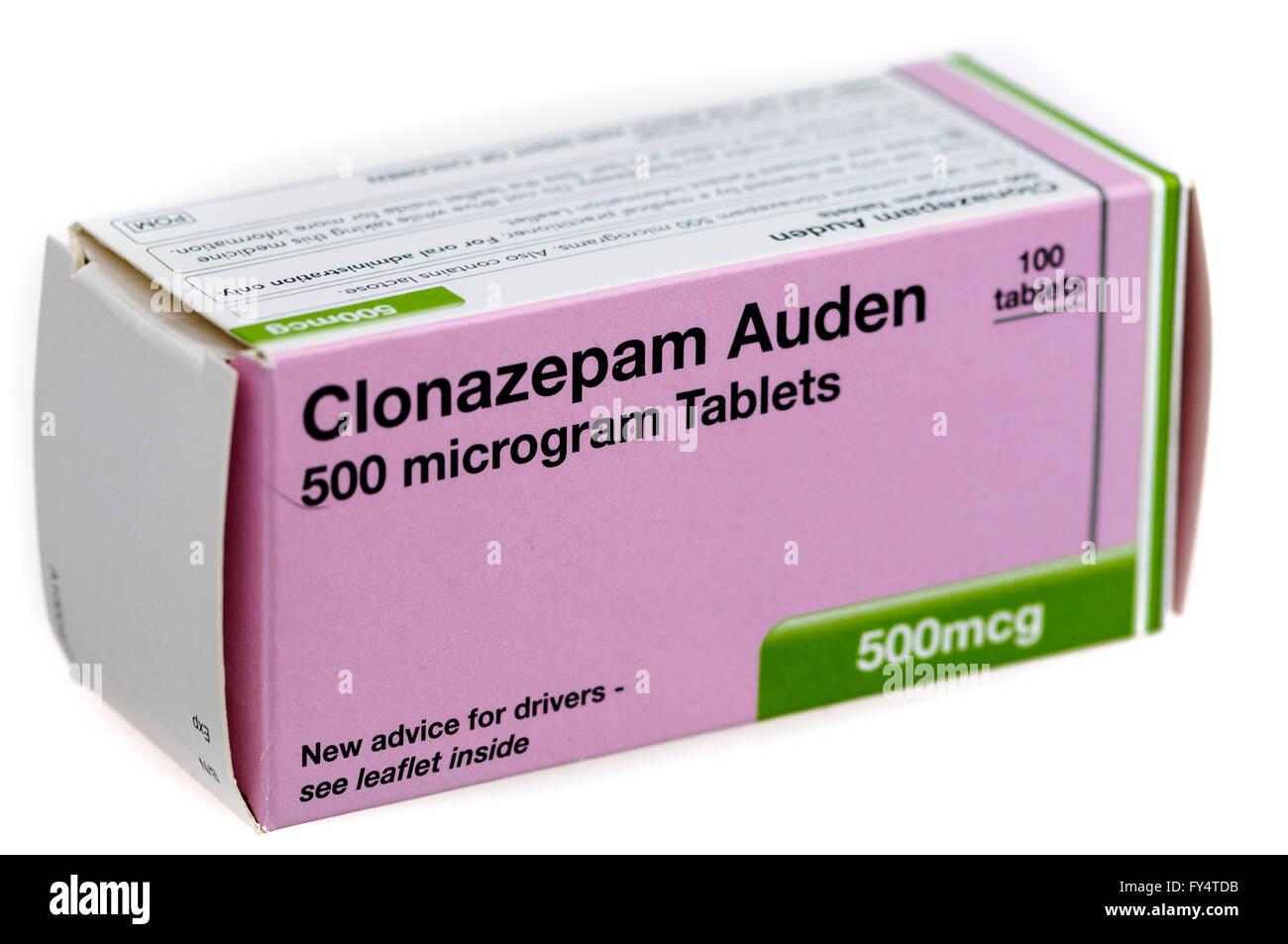 Eine Schachtel mit Clonazepam Auden 500 Mikrogramm Tabletten, ein Benzodiazepin in der Behandlung von Epilepsie eingesetzt. Stockfoto
