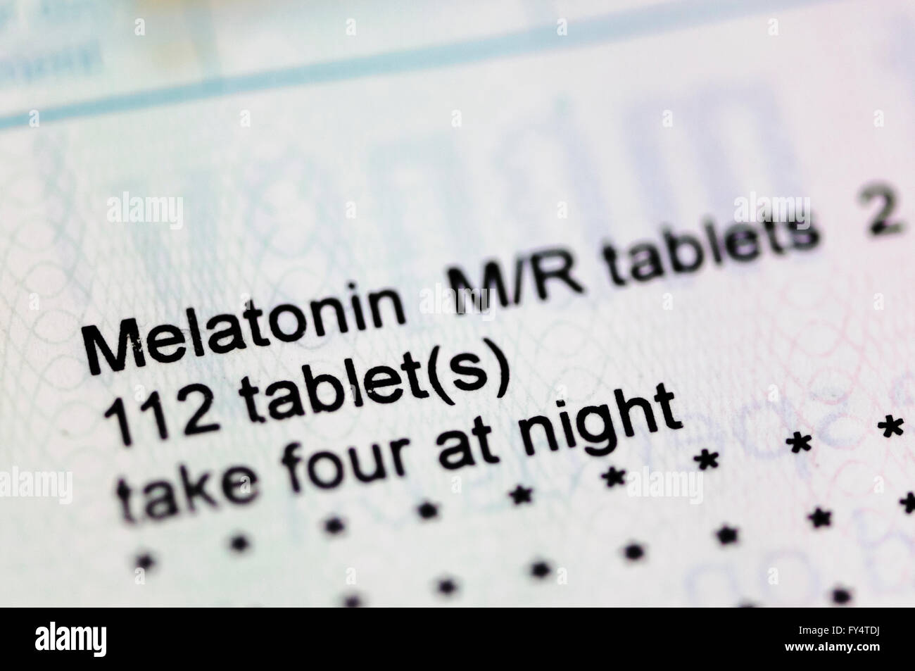Rezept für Melatonin Tabletten, zur Behandlung von Schlafstörungen verwendet. Stockfoto
