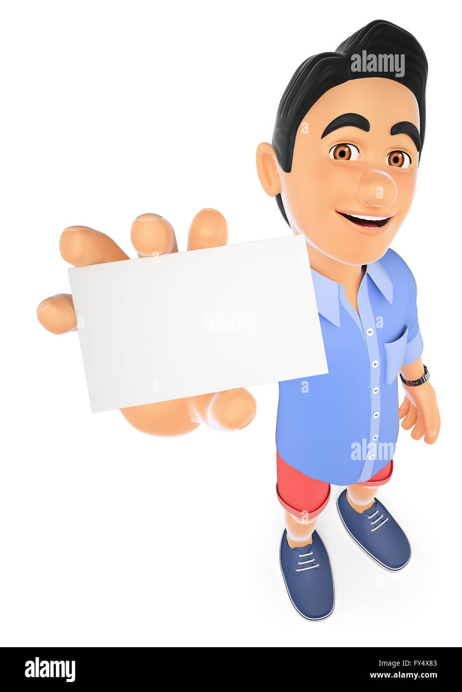 3d-Jugendlichen. Mann in Shorts mit einer leeren Karte. isoliert weißer Hintergrund. Stockfoto