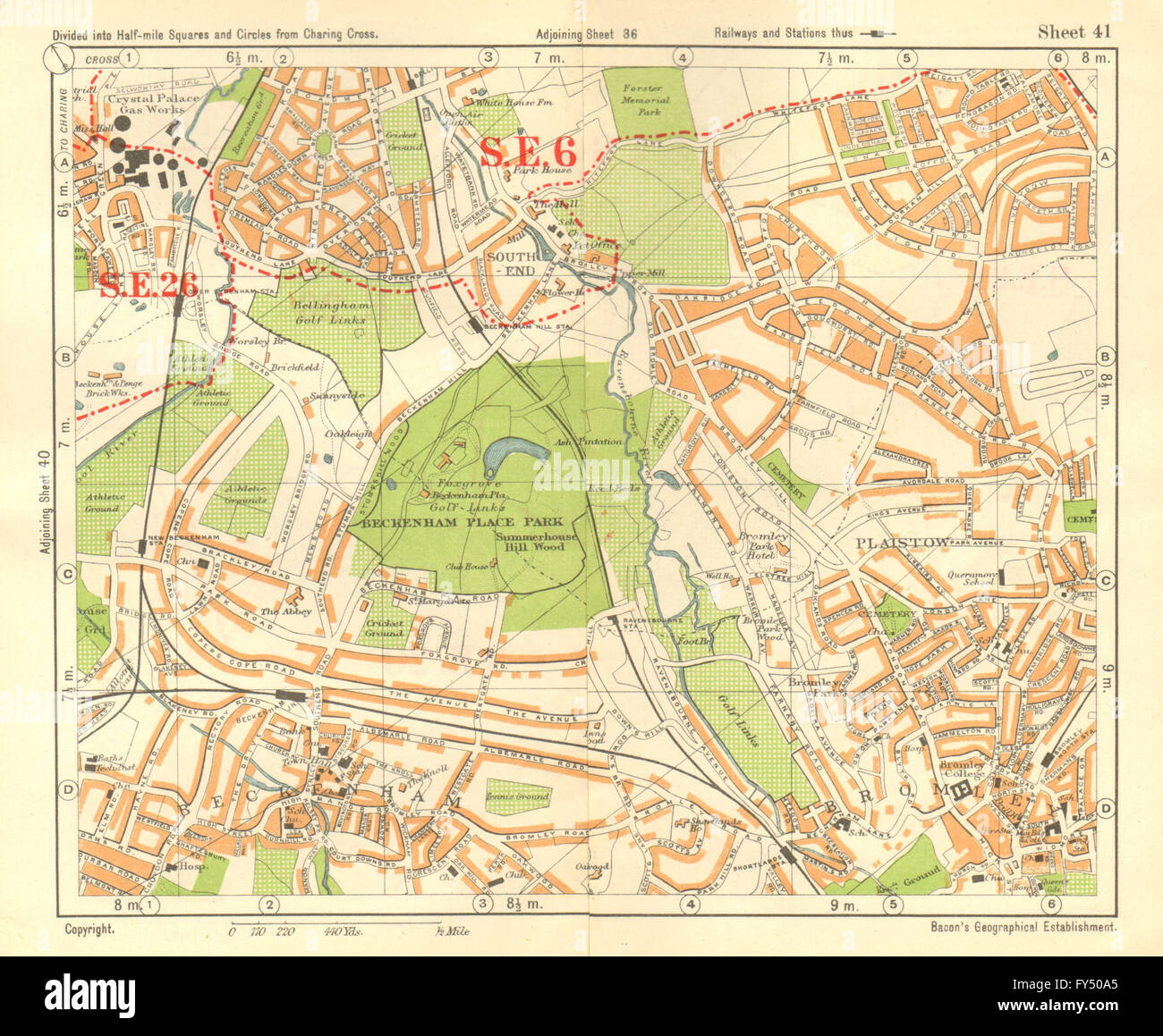 SE LONDON. Beckenham Downham Bellingham Bromley Bell grün. Speck, 1928 Karte Stockfoto