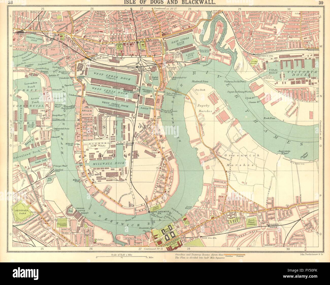 LONDON-E: Insel der Hunde Pappel Greenwich Surrey Docks Deptford, 1917 alte Karte Stockfoto