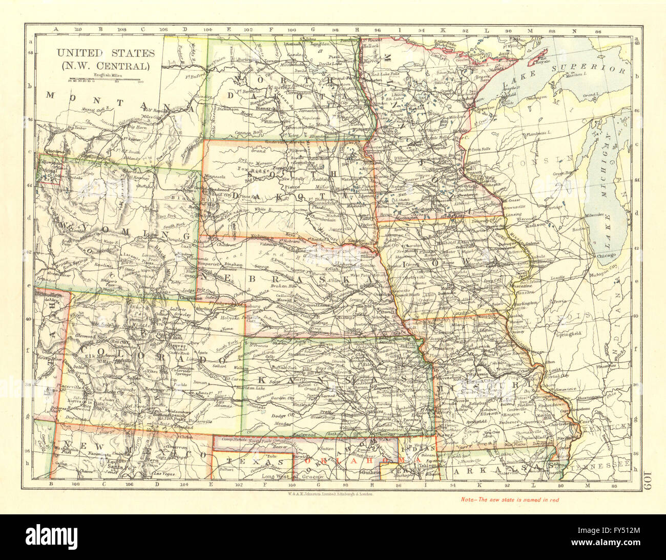 USA-PLAINS-STAATEN. Iowa Minnesota Kansas NE ND SD Colorado. JOHNSTON, 1906-Karte Stockfoto