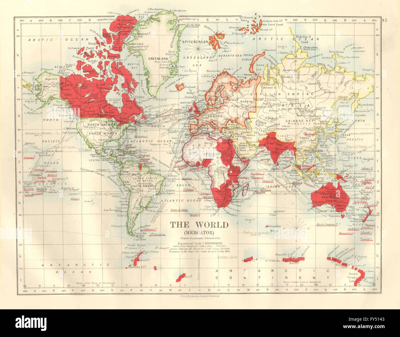 BRITISH EMPIRE Post WW1. Welt-Mercator. Dampfschiff-Routen. JOHNSTON, 1920-Karte Stockfoto