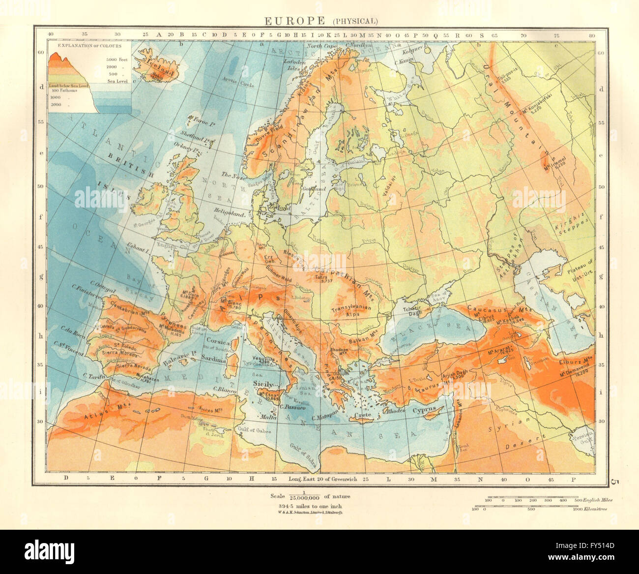 EUROPA PHYSISCHE. Relief Meerestiefen Schlüssel Bergen Ebenen. JOHNSTON, 1920-Karte Stockfoto