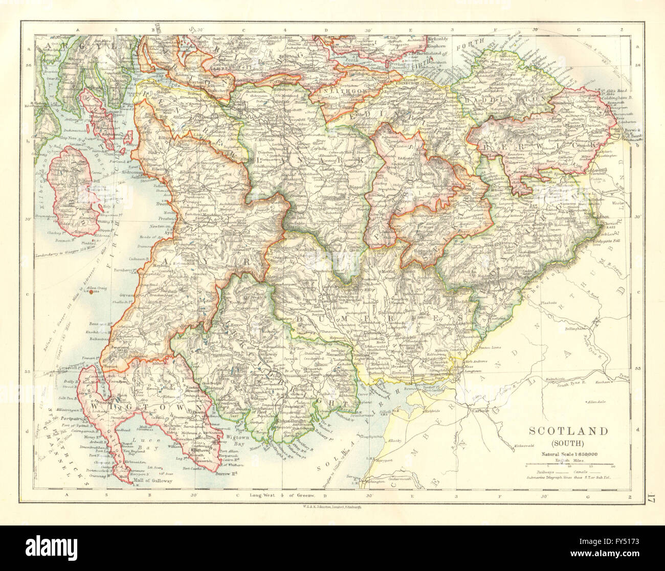 SÜD-SCHOTTLAND. Dumfries Galloway Lothian grenzt Lanark Ayr. JOHNSTON, 1920-Karte Stockfoto