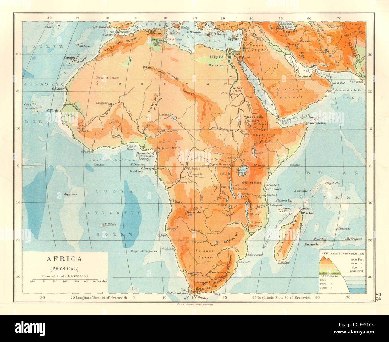AFRIKA-PHYSISCHE. Relief Ozean tiefen Flüsse. JOHNSTON, 1920 Vintage