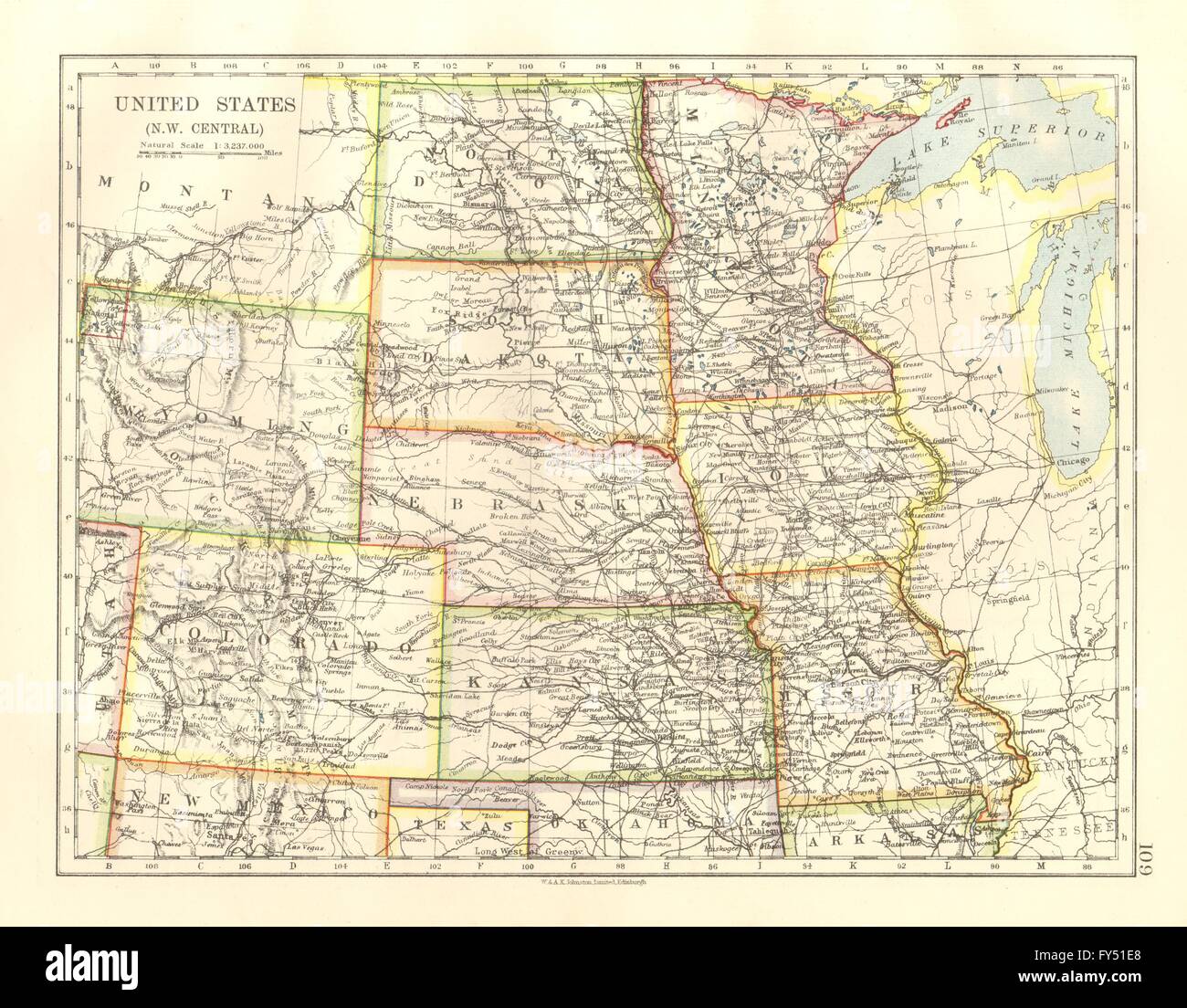 USA-PLAINS-STAATEN. Iowa Minnesota Kansas NE ND SD Colorado. JOHNSTON, 1920-Karte Stockfoto