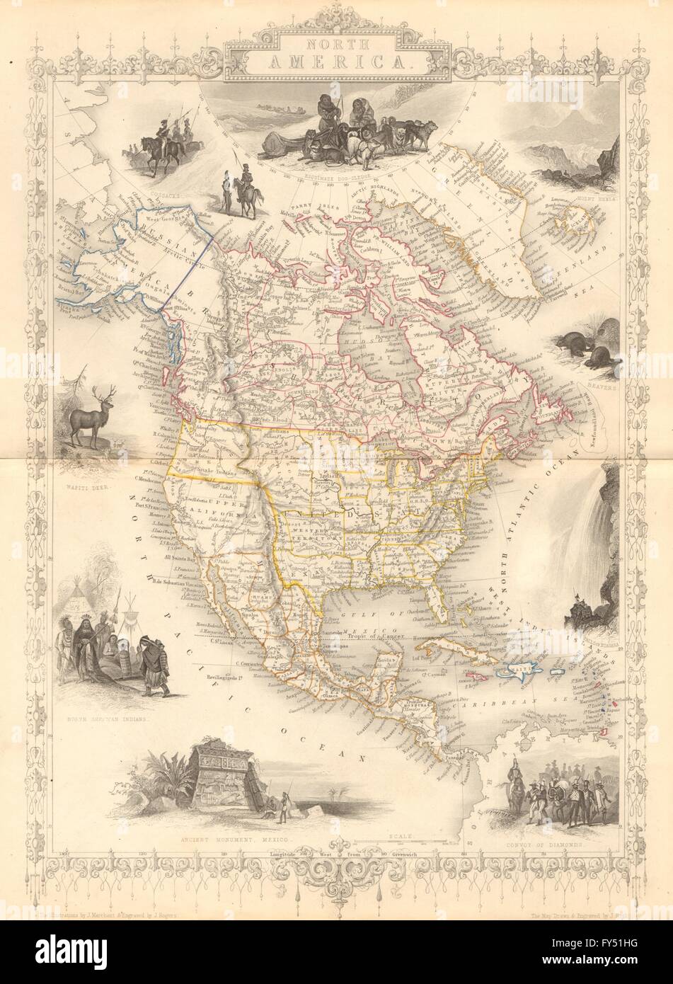 NORD-AMERIKA. 30 US-Bundesstaaten. Mexikanische Kalifornien. TALLIS/RAPKIN, 1849 alte Karte Stockfoto