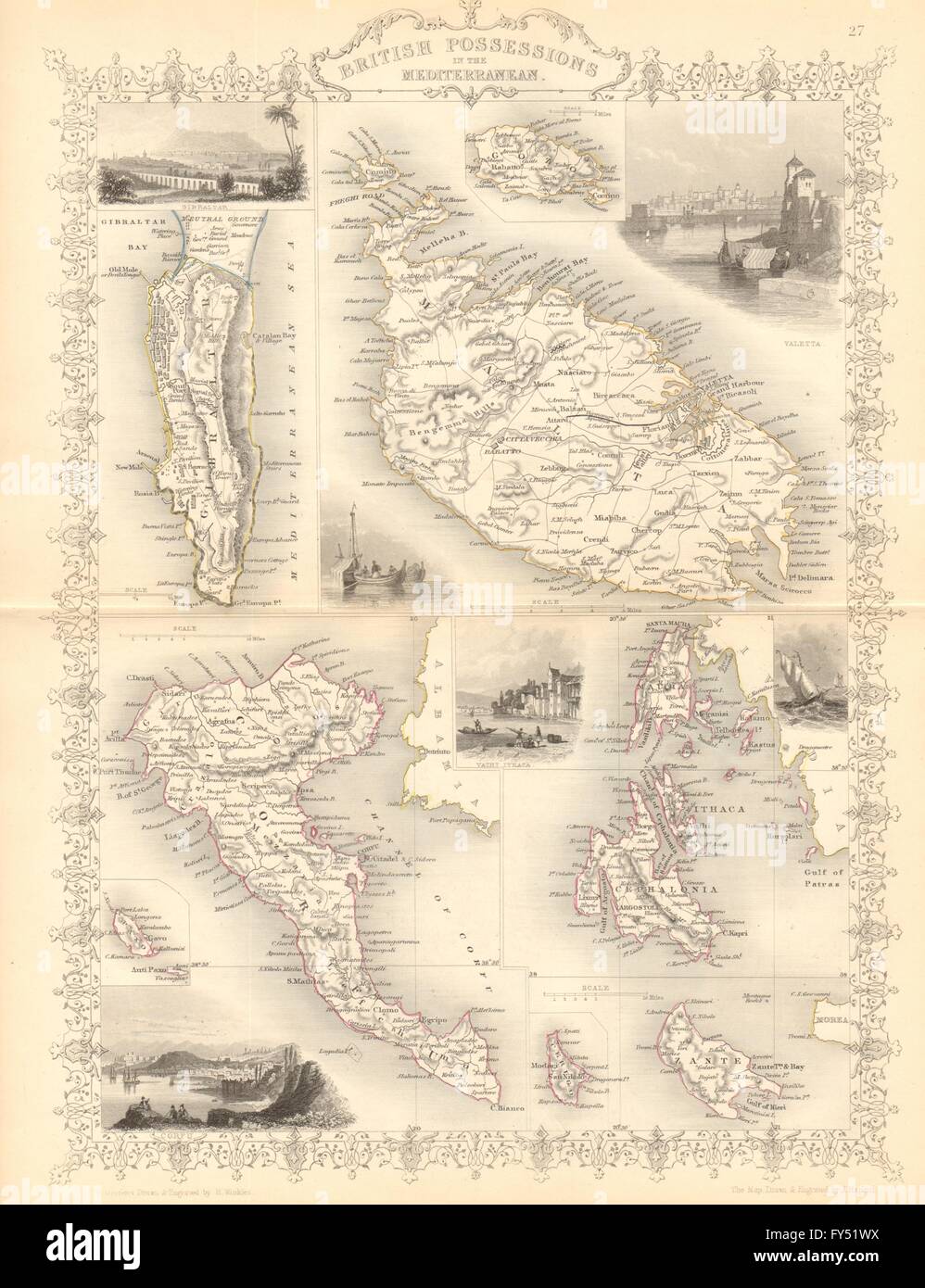 MITTELMEER. Gib Malta Korfu Zakynthos Kephallonia Lefkada.TALLIS/RAPKIN, 1849-Karte Stockfoto