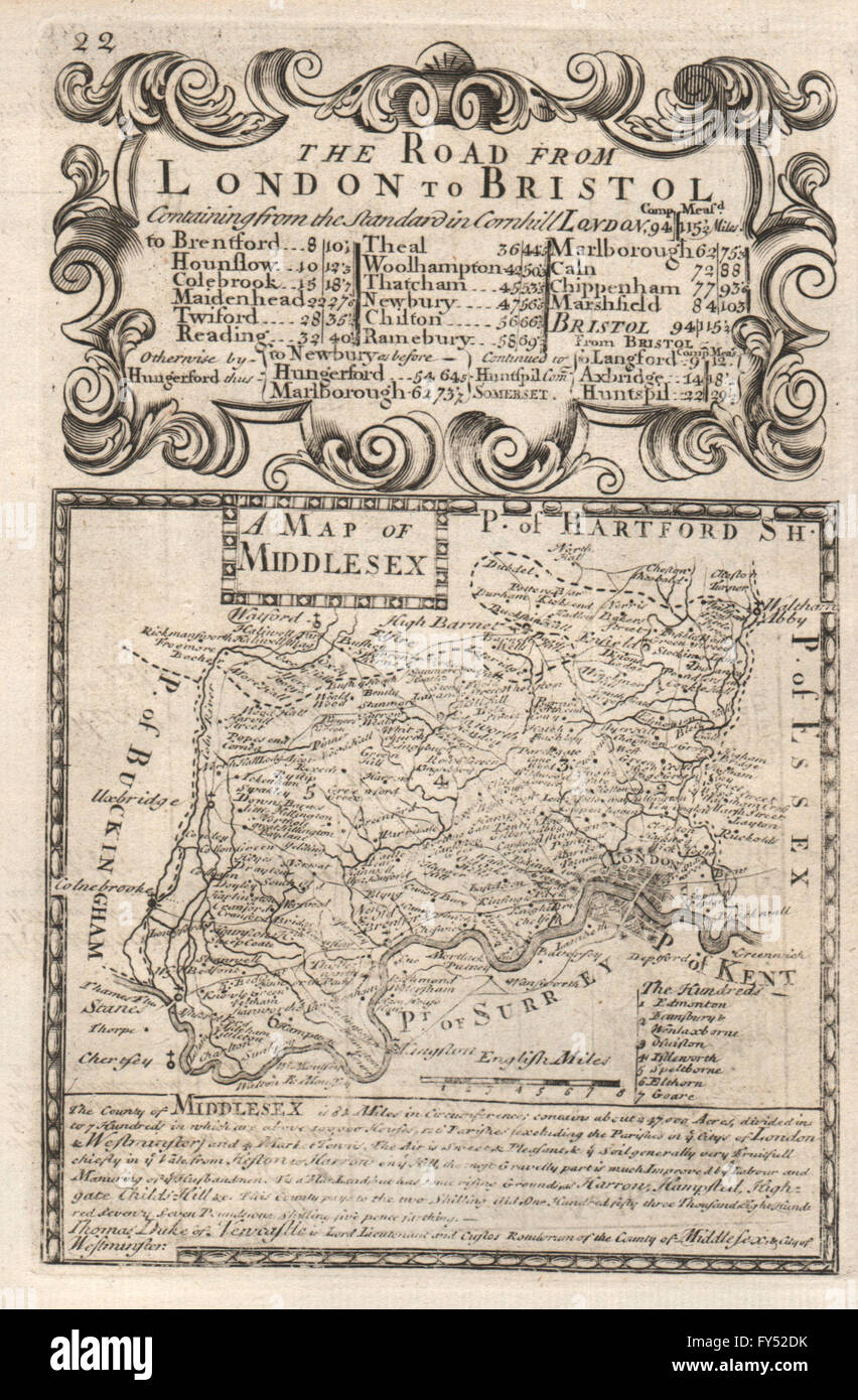 "Eine Karte von Middlesex". Von J. OWEN & E. BOWEN, 1753 County Karte Stockfoto