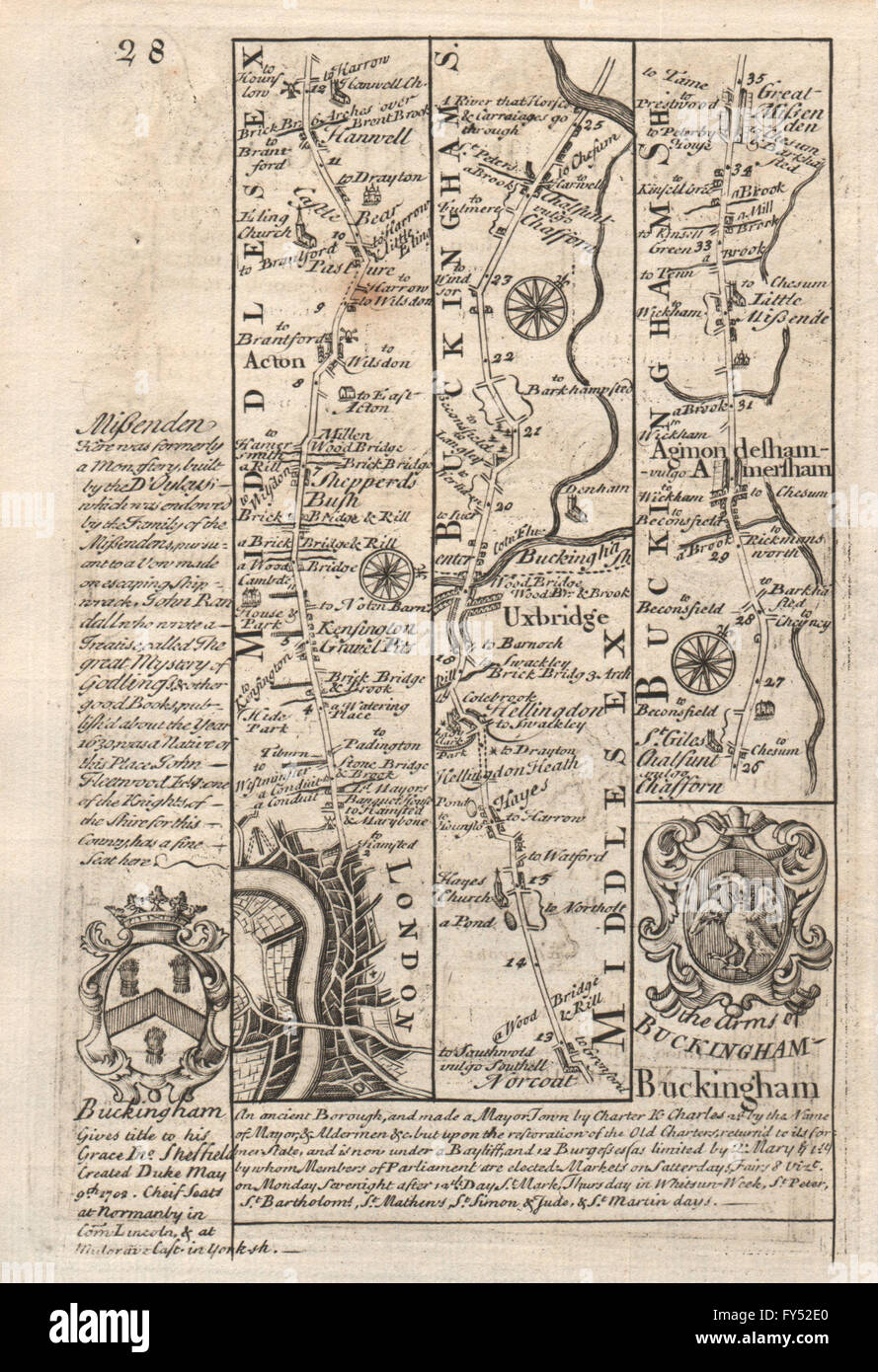 London-Shepherds Bush Acton Uxbridge Chalfont Great Missenden BOWEN Karte 1753 Stockfoto