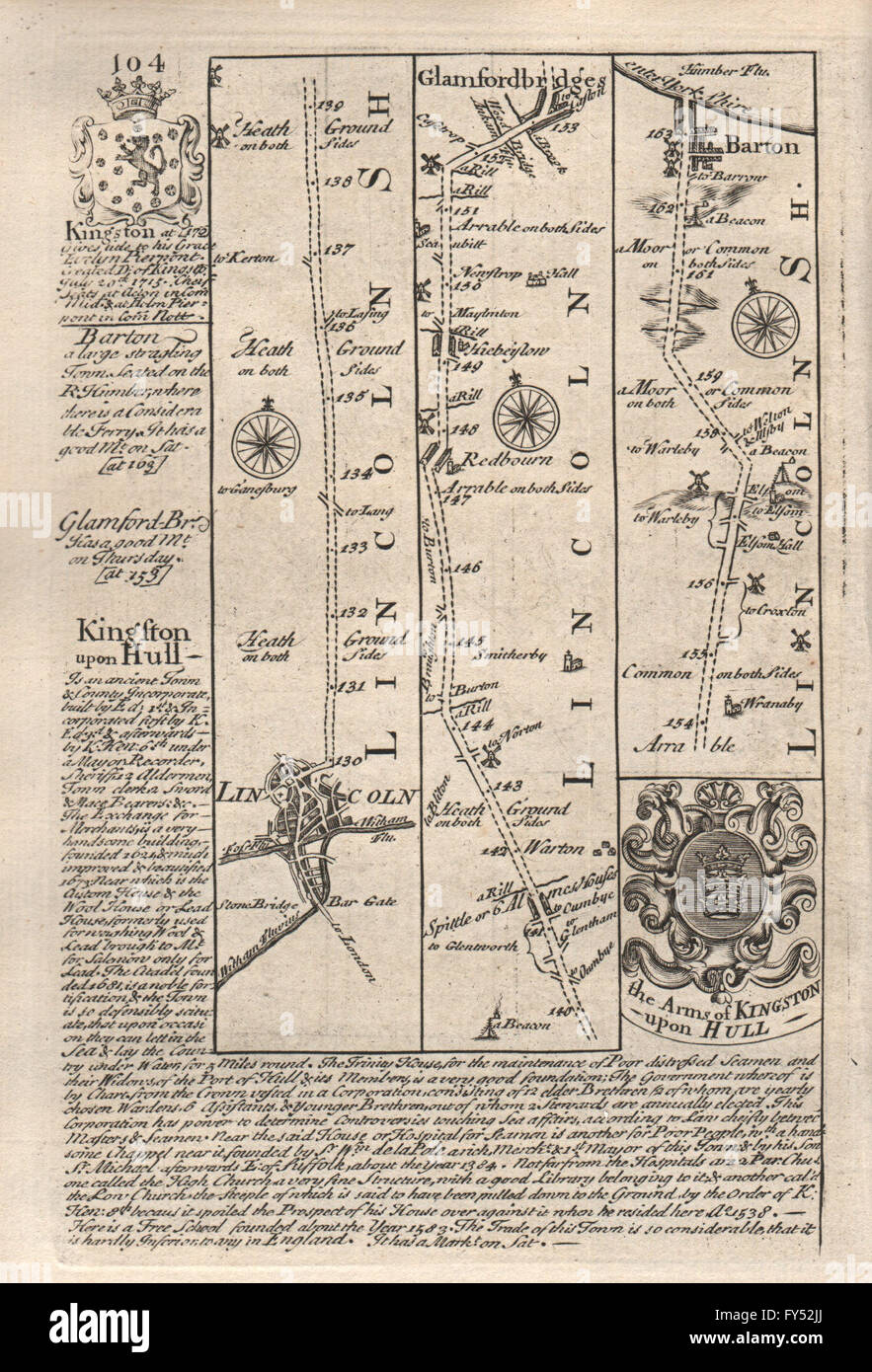 Lincoln-Redbourne-Hibaldstow-Barton auf Humber OWEN/BOWEN Straßenkarte, 1753 Stockfoto