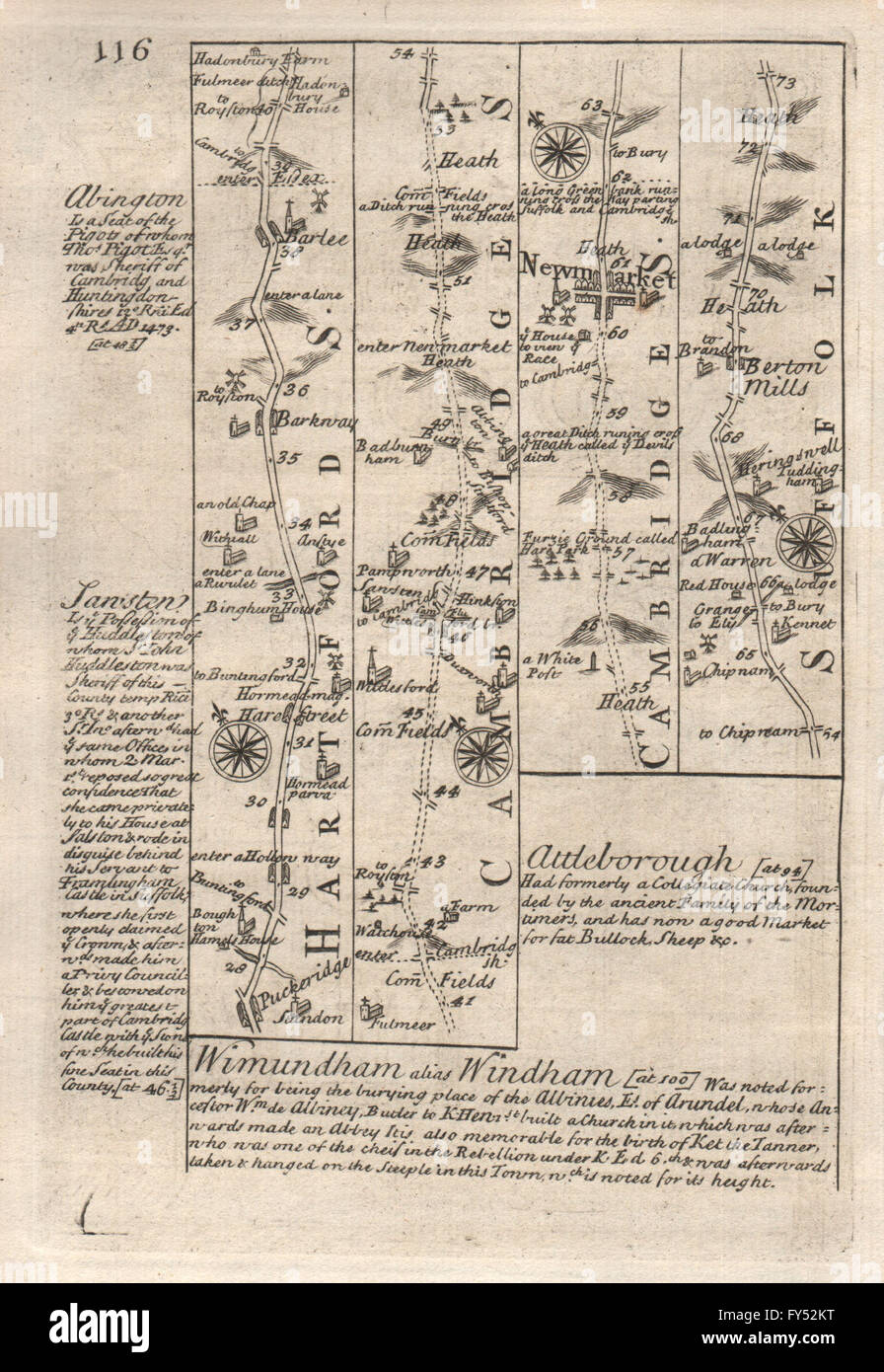 Puckeridge, Barkway, Gerste, Newmarket-Barton Mills Straßenkarte von OWEN & BOWEN 1753 Stockfoto