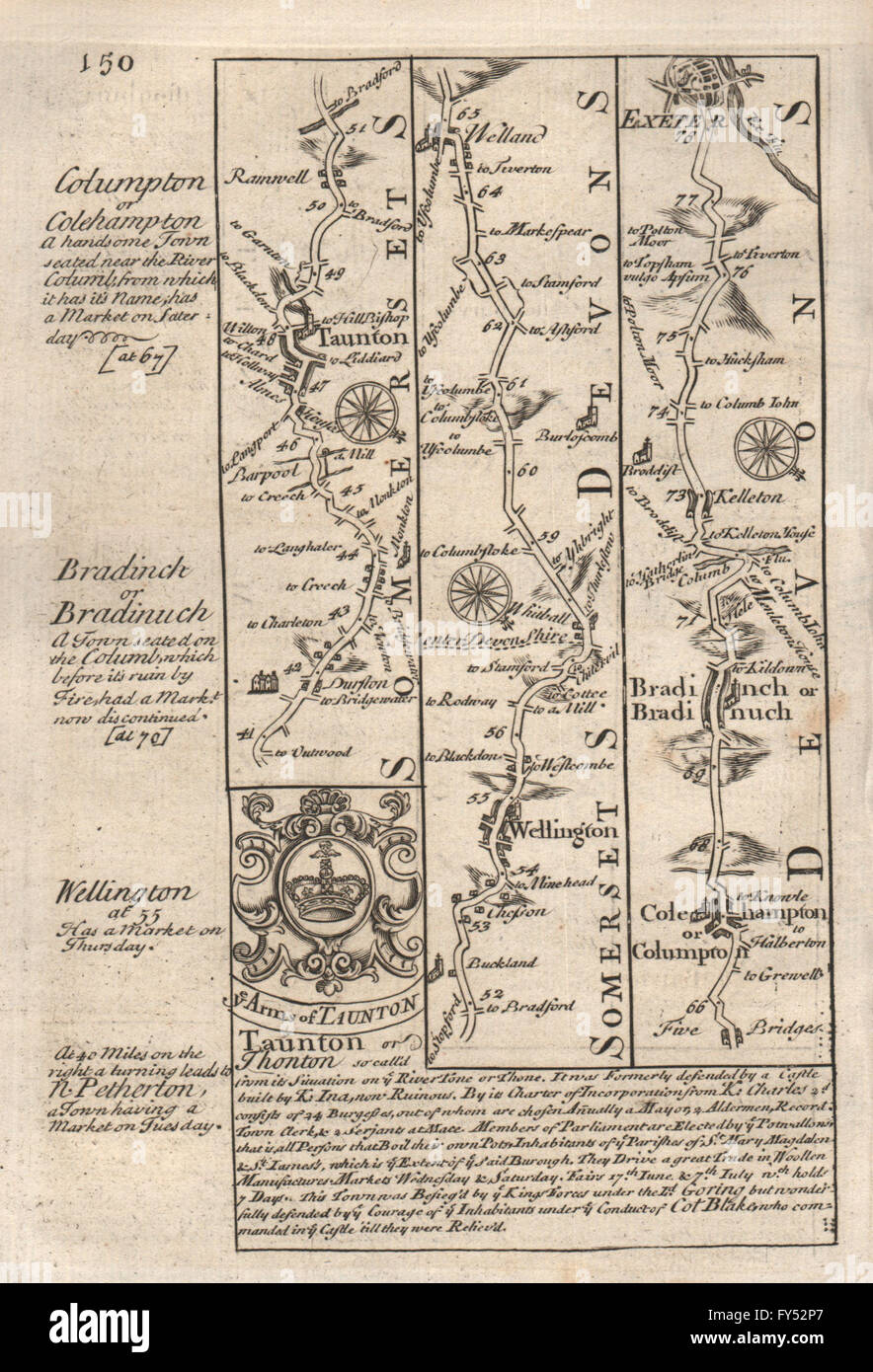 Taunton-Wellington-Willand-Bradninch-Exeter Road Map von OWEN & BOWEN, 1753 Stockfoto