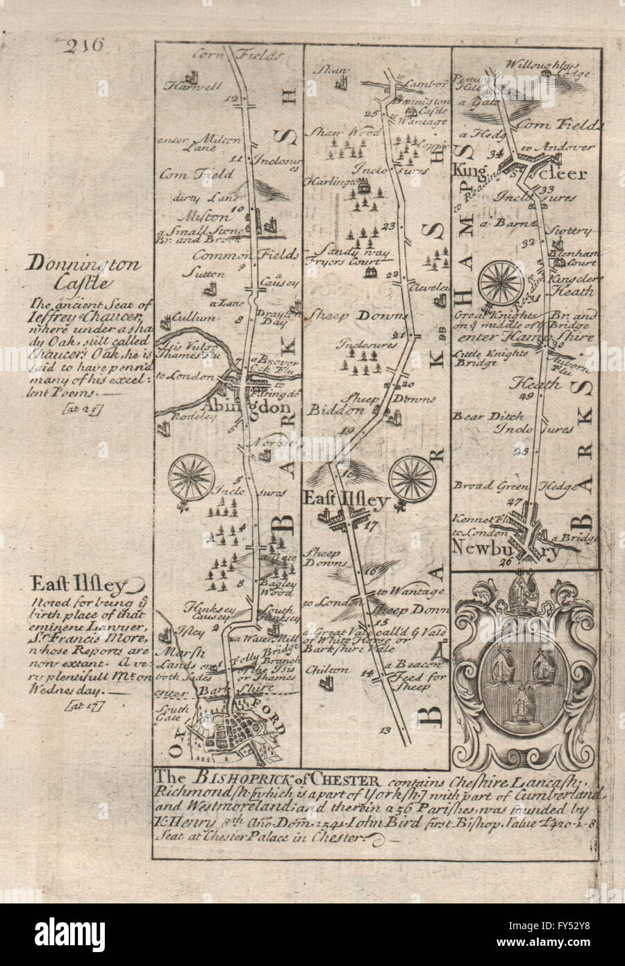 Oxford-Abingdon-East Ilsley-Newbury-Kingsclere Straßenkarte von OWEN & BOWEN 1753 Stockfoto