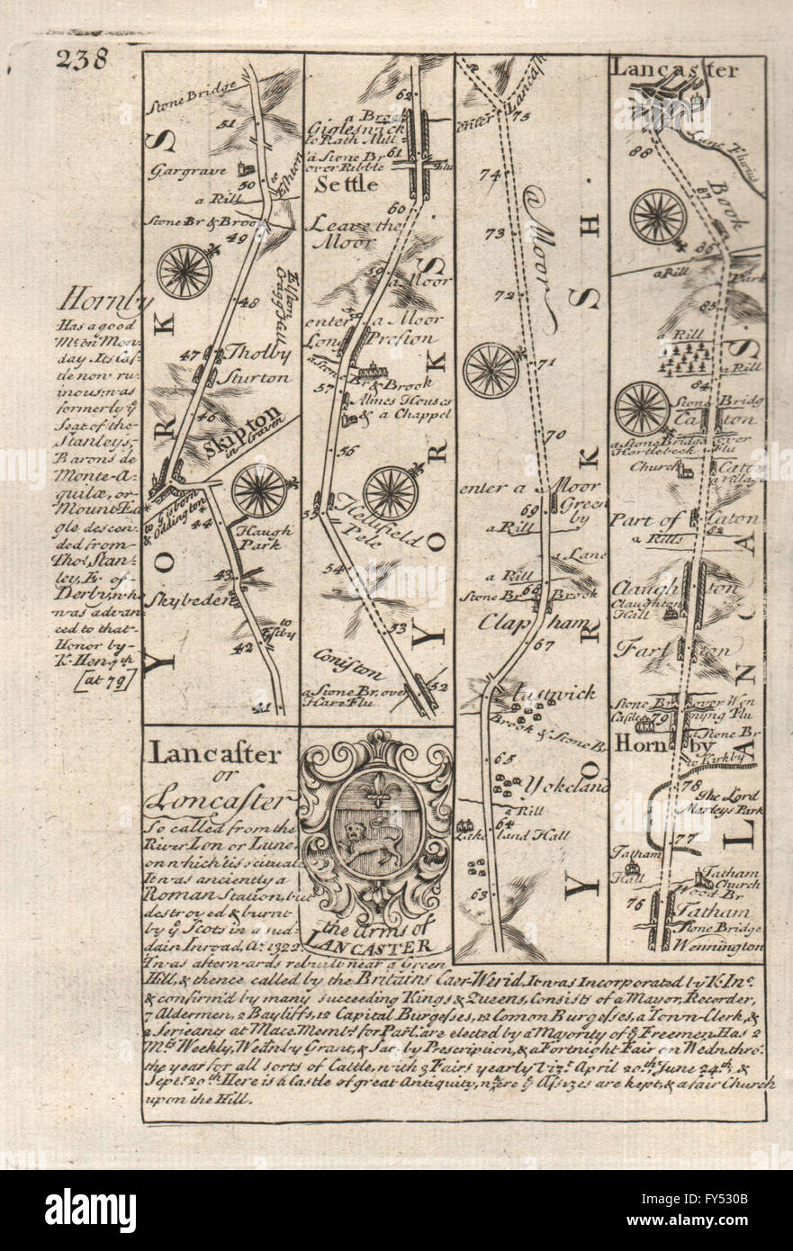 Skipton-Settle-Hornby-Lancaster Straße Streifenkarte von J. OWEN & E. BOWEN, 1753 Stockfoto