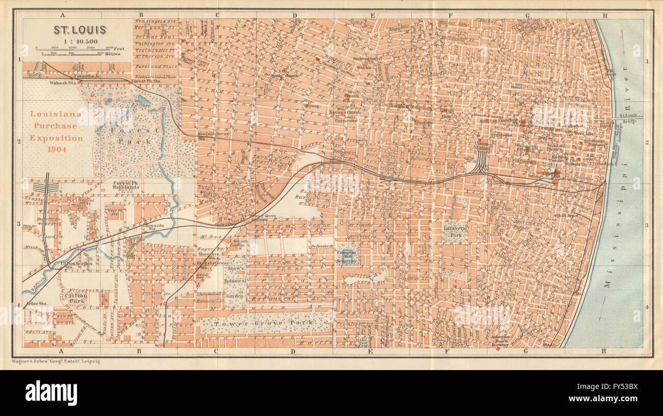 ST. LOUIS antiken Stadt Stadtplan. Missouri. BAEDEKER, 1904 Antike Landkarte Stockfoto