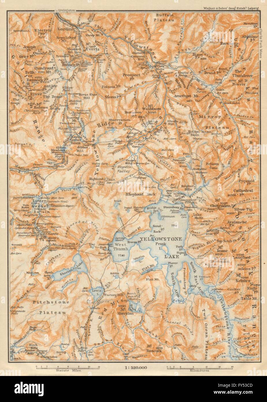 YELLOWSTONE-NATIONALPARK. Topo-Karte. Wyoming. BAEDEKER, 1904 Stockfoto