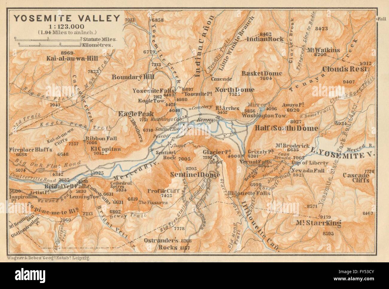 YOSEMITE VALLEY, Kalifornien. Topo-Karte. BAEDEKER, 1904 Stockfoto