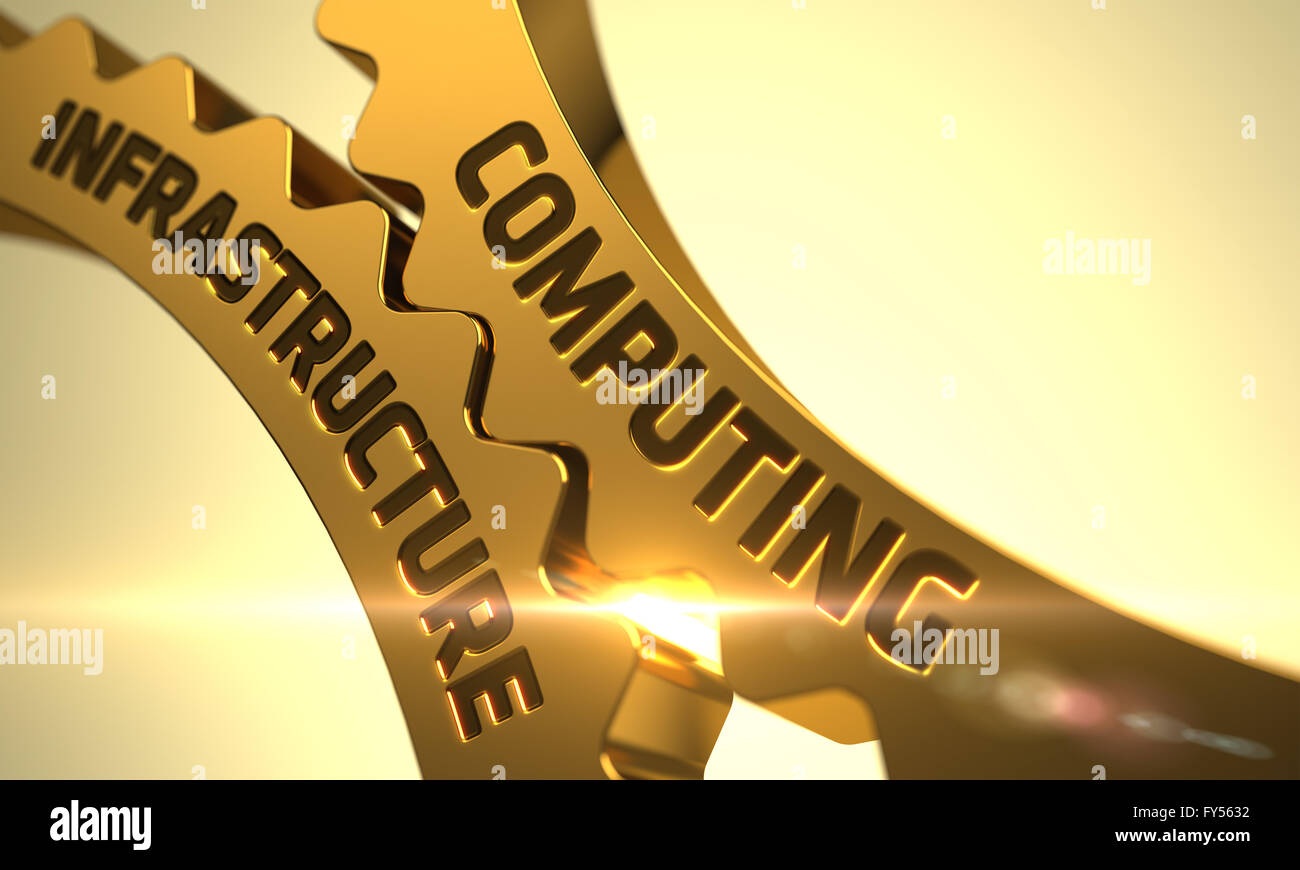 Goldene metallische Zahnräder mit Computing-Infrastruktur-Konzept. Stockfoto