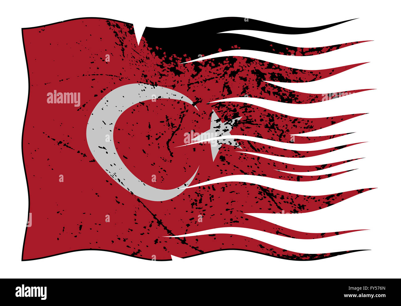 Eine wellig und grunged Türkei Flagge auf einem weißen Hintergrund isoliert Stockfoto