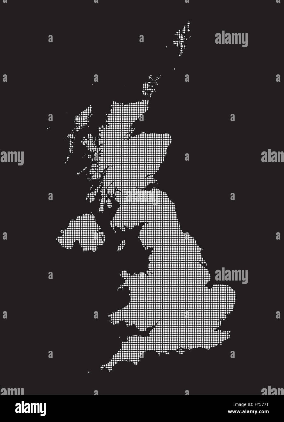 Ein weißer Punkt UK Karte auf schwarzem Hintergrund isoliert Stockfoto
