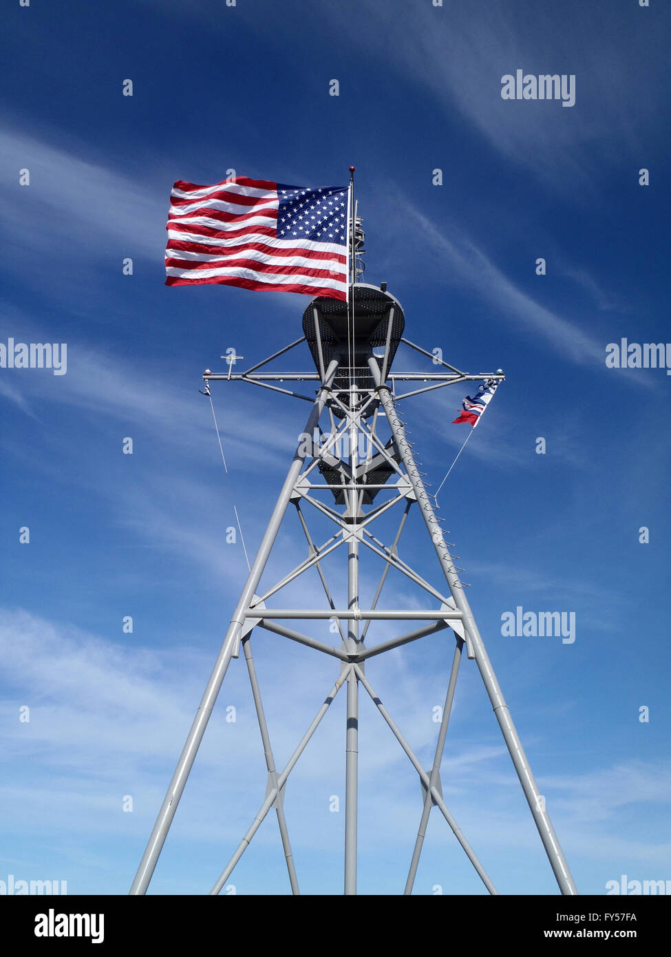 USA-Flagge Wellen auf der USS Portland im Fort Allen Park, Portland ME Stockfoto