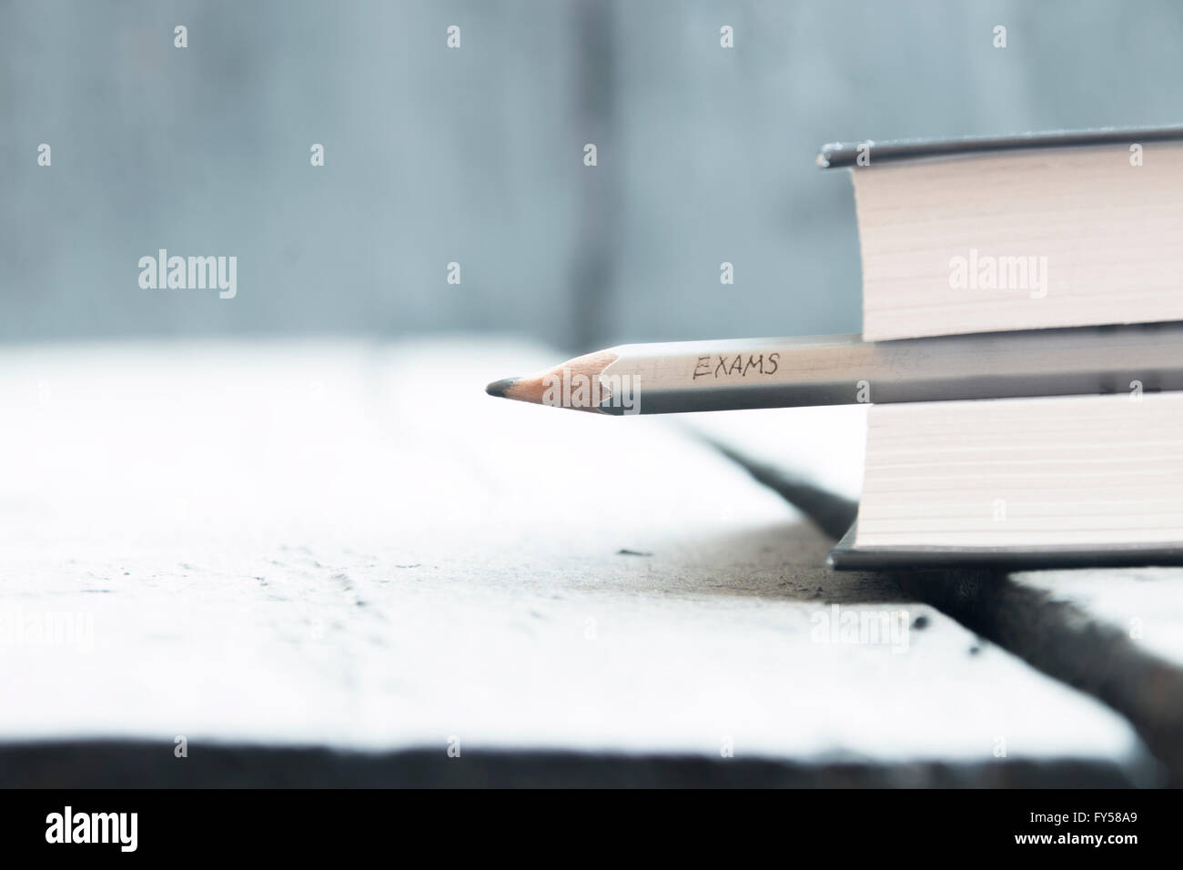 Prüfungen-Konzept, Inschrift in Bleistift Prüfungen. Abgeschwächt. Stockfoto