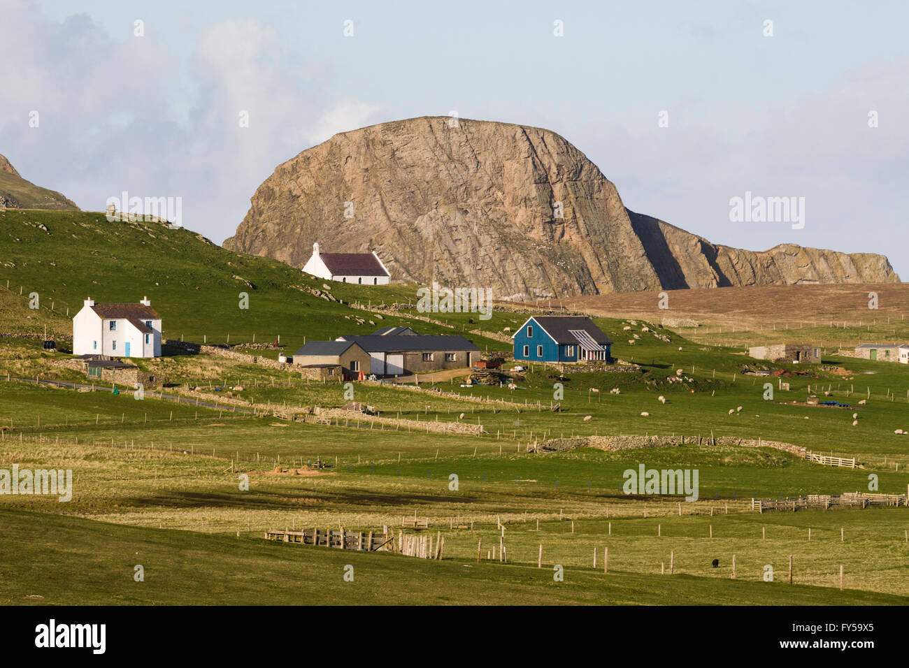 Gebäude auf Fair Isle, Shetland Islands, Schottland, Vereinigtes Königreich Stockfoto
