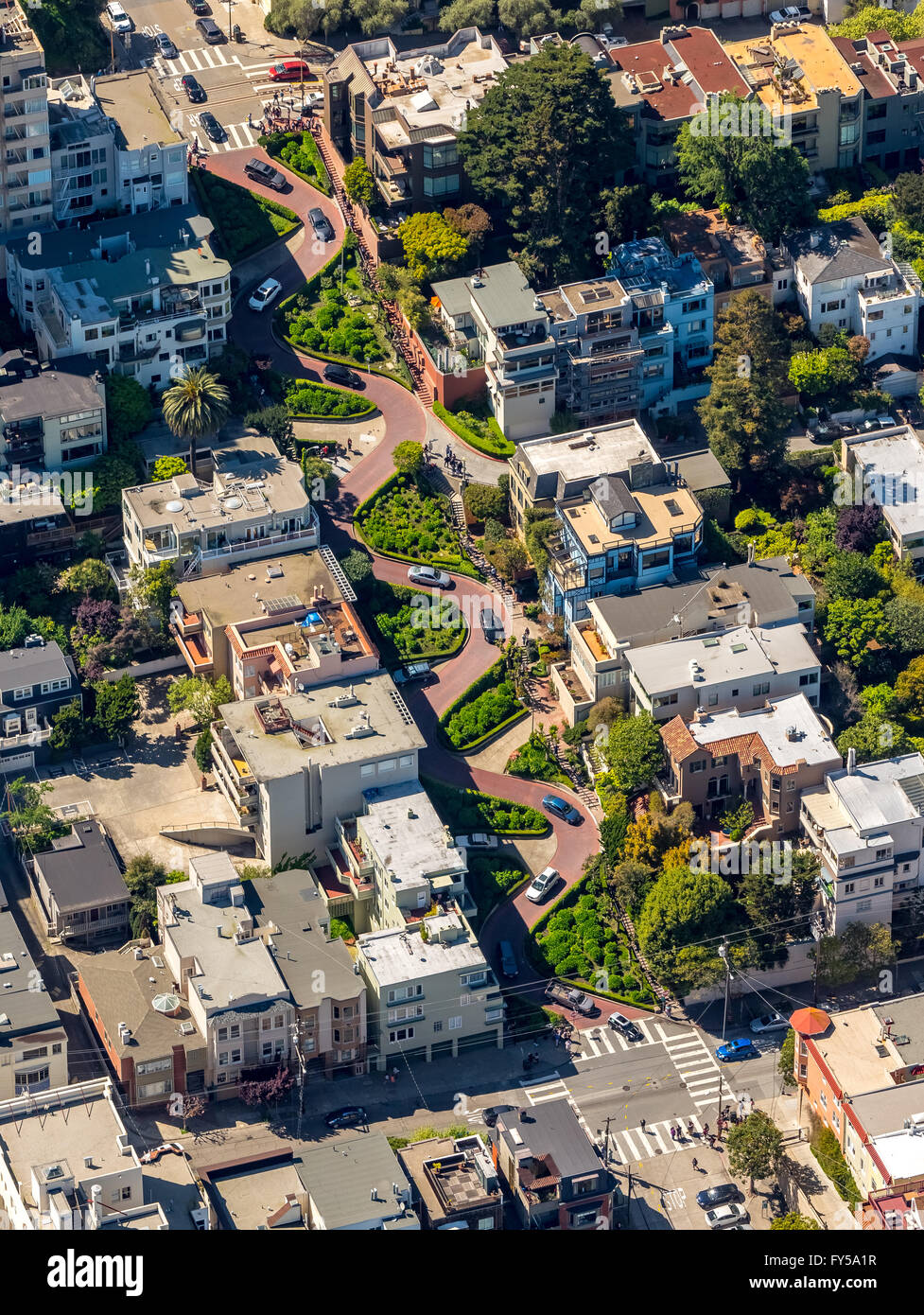 Luftaufnahme, Lombard Street mit Haarnadelkurven, kurvenreiche Straße, die Straßen von San Francisco, San Francisco Stockfoto
