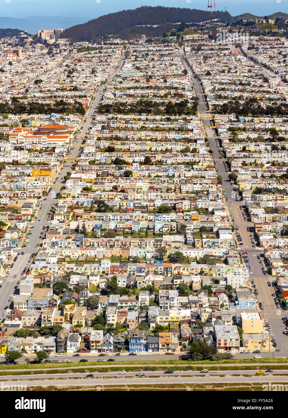 Luftaufnahme, kleine losgelöst, Einfamilienhäuser bei Dölger, äußere Sonnenuntergang suburban Stadtteil im Westen von San Francisco Stockfoto