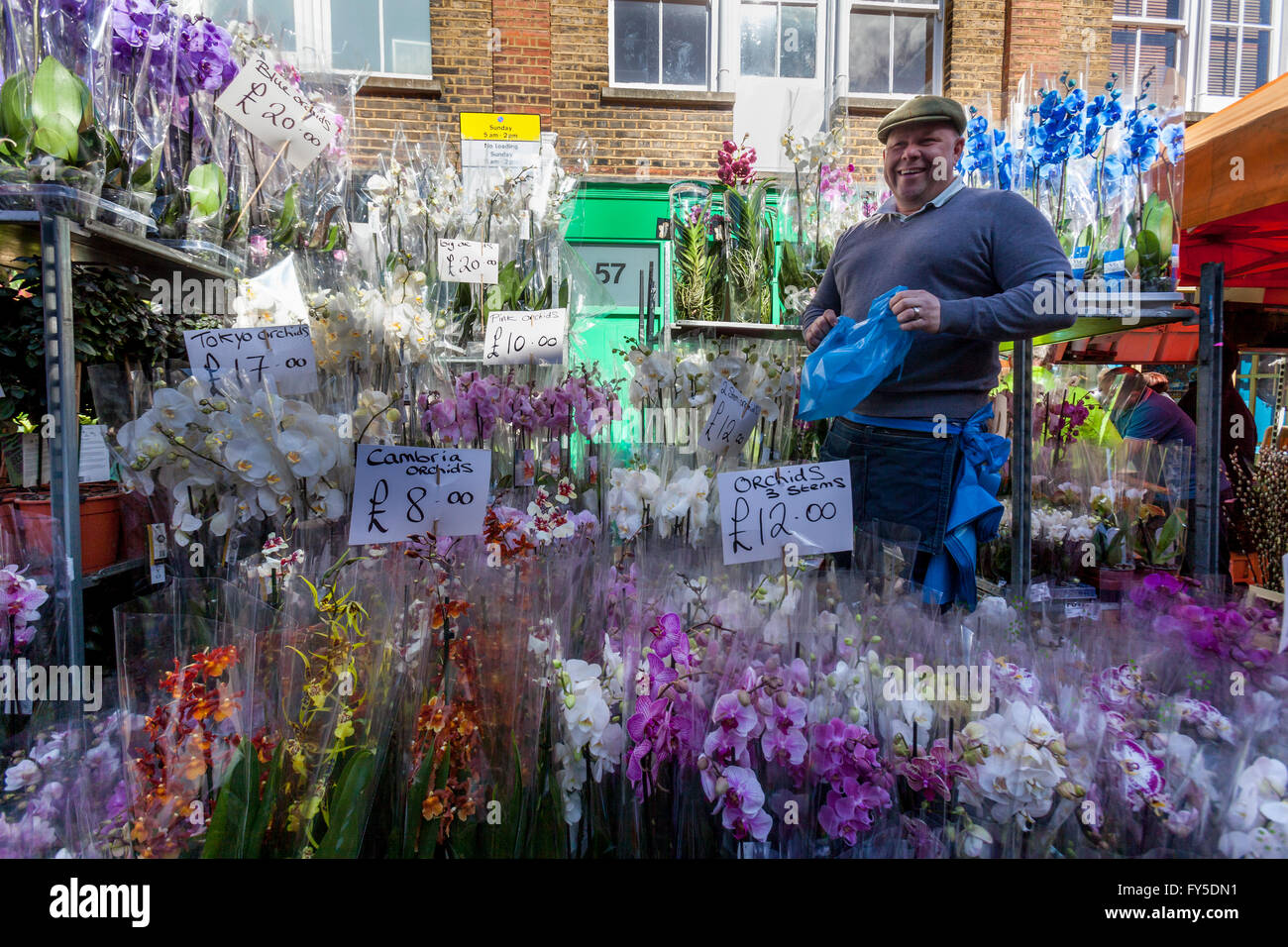 Ein Mann verkauft Orchideen an Columbia Road Flower Market, Tower Hamlets, London, England Stockfoto