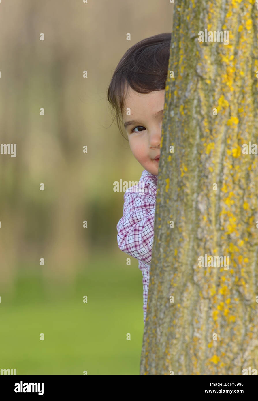 Porträt eines Mädchens versteckt sich hinter einem Baum Stockfoto