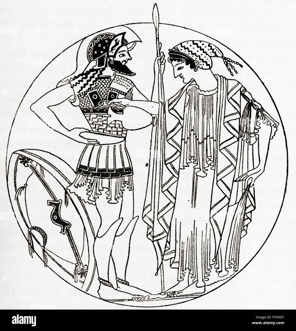 Griechin gießen ein Trankopfer aus einer antiken Vase zeichnen. Ein Trankopfer ist eine rituelle ausgießen einer Flüssigkeit als Opfergabe an einen Gott oder Geist oder in Erinnerung an diejenigen, die gestorben sind. Stockfoto