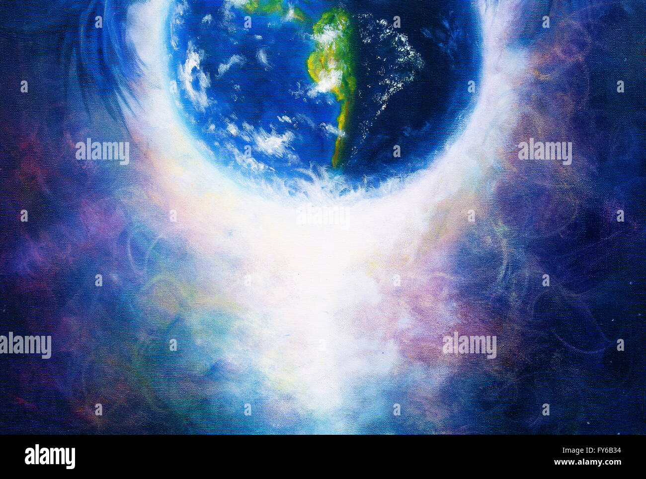 Planetenerde in Licht, kosmische Raum Hintergrund. Original-Gemälde auf Leinwand. Erde-Konzept. Stockfoto