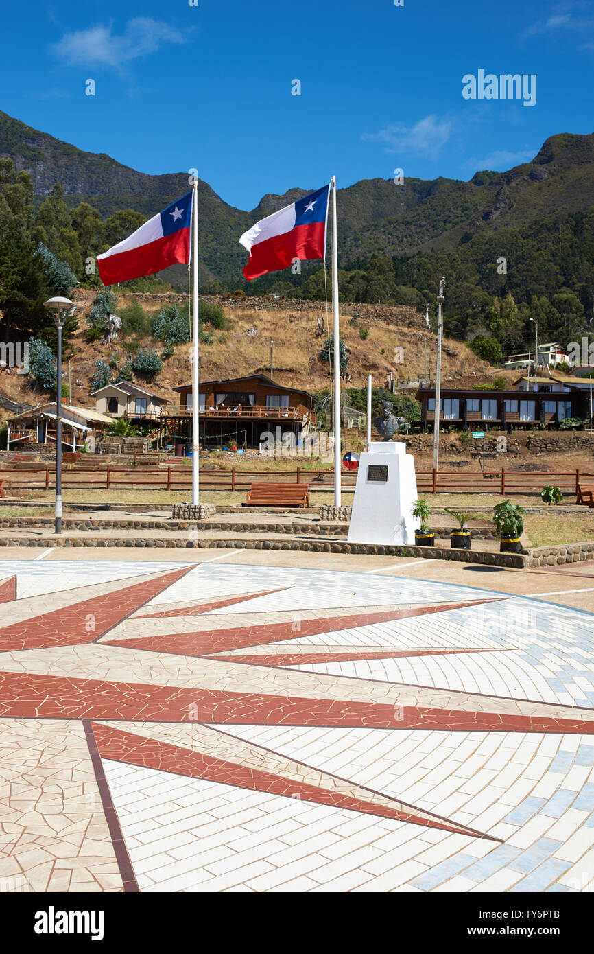 Stadtplatz in San Juan Bautista auf der Robinson Crusoe Insel, Teil von der Juan-Fernandez-Inseln etwa 400 Meilen vor der Küste von Chile. Stockfoto