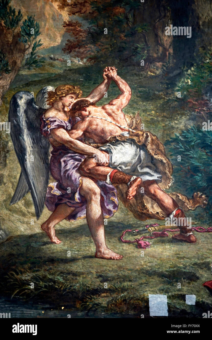 Jakob ringt mit dem Engel von Eugene Delacroix im Inneren der Kirche Saint Sulpice, Paris, Frankreich Stockfoto