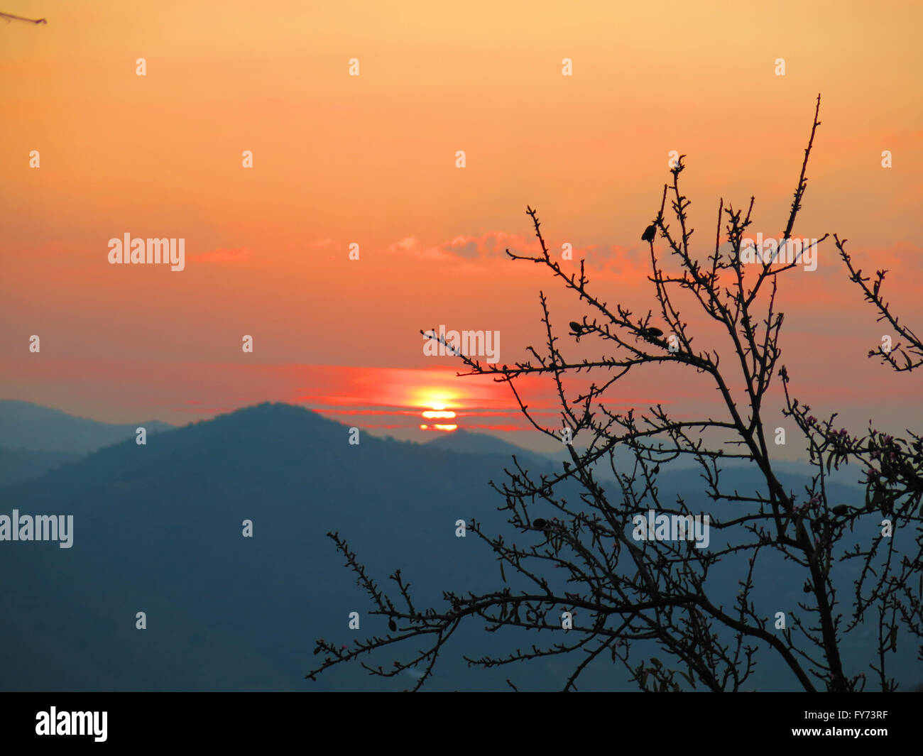 Am frühen Morgen Orange Sonnenaufgang über dem Hügel Stockfoto