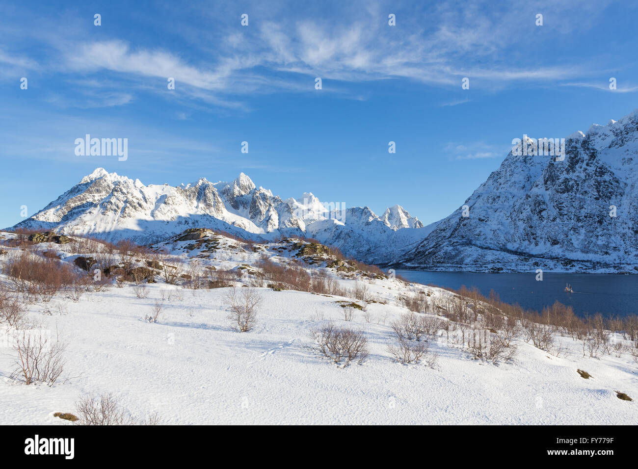 Robuste Schneeberge und Fjord im arktischen Norwegen Stockfoto