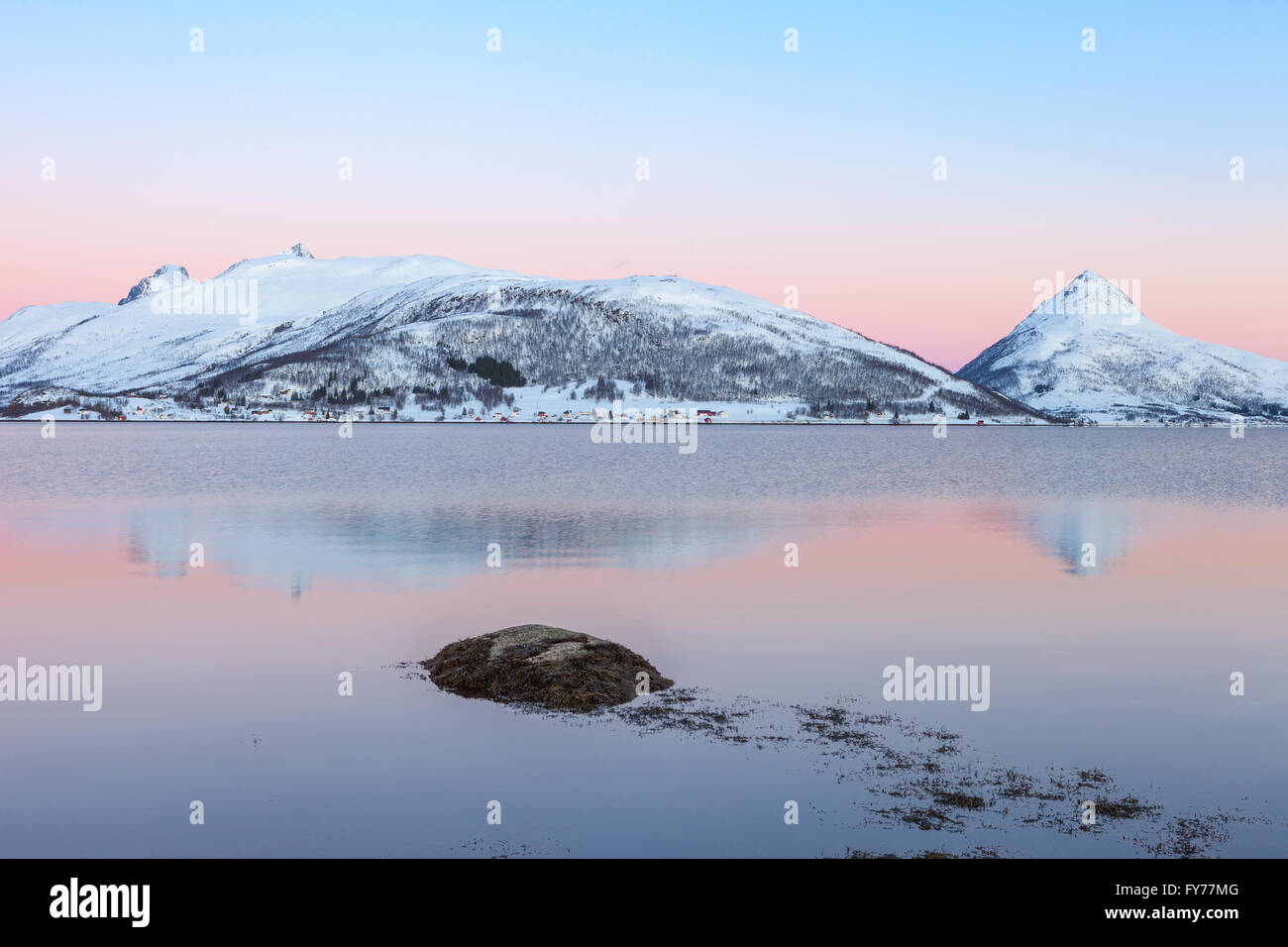 Morgendämmerung am Fjord im arktischen Norwegen Stockfoto
