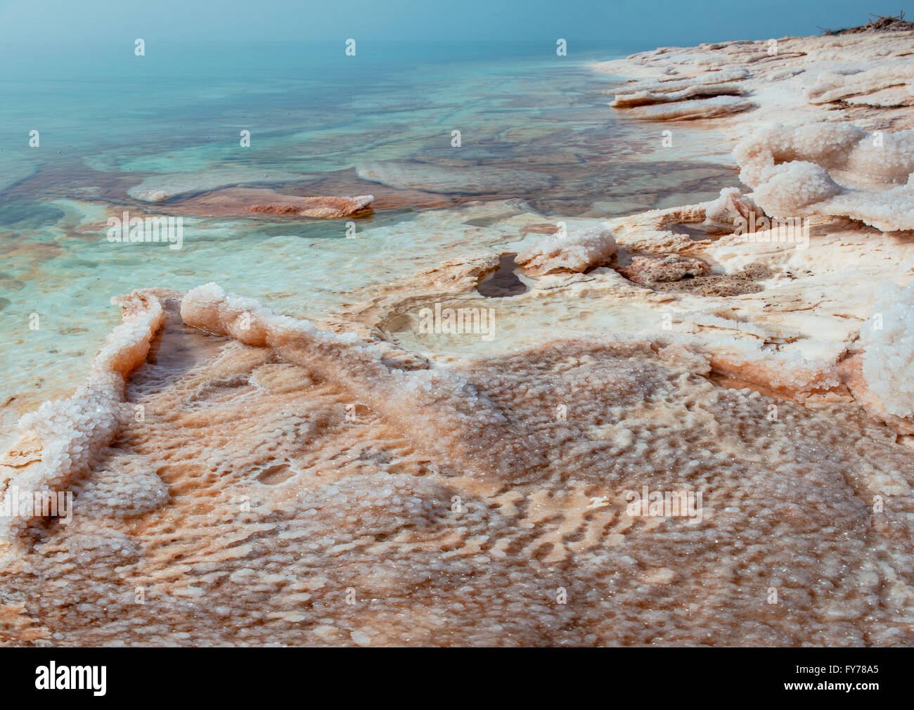 Kristallisiertes Salz bedecken den Strand des Toten Meeres. Jordanien. Stockfoto