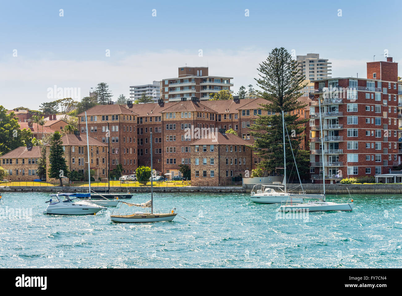 Segelboote vor Anker im Stadtteil Manly Bay am Sommertag in der Nähe von Sydney, Australien Stockfoto