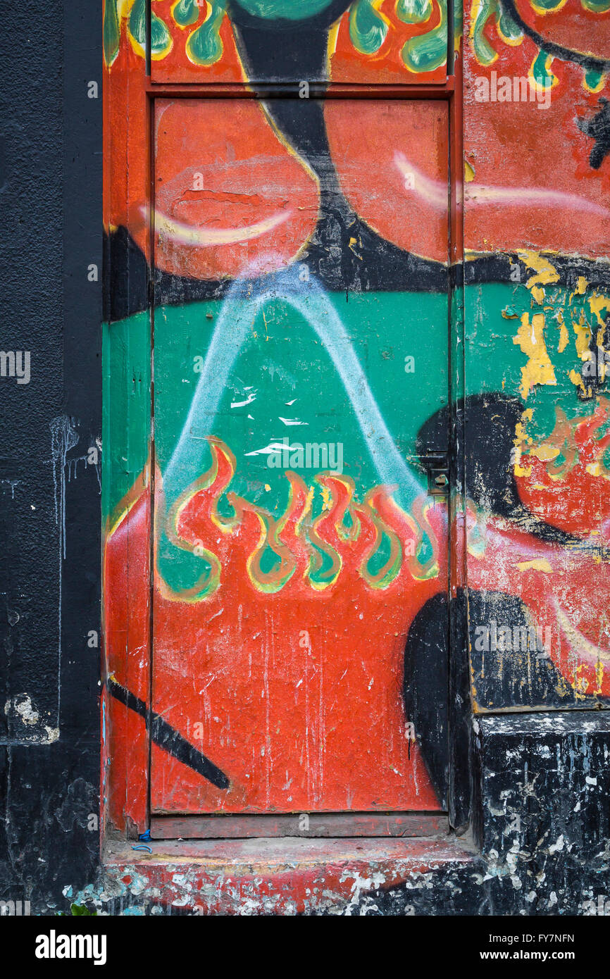 Ein Graffiti bedeckt Tür im Zentrum von Ushuaia, Argentinien, Südamerika. Stockfoto