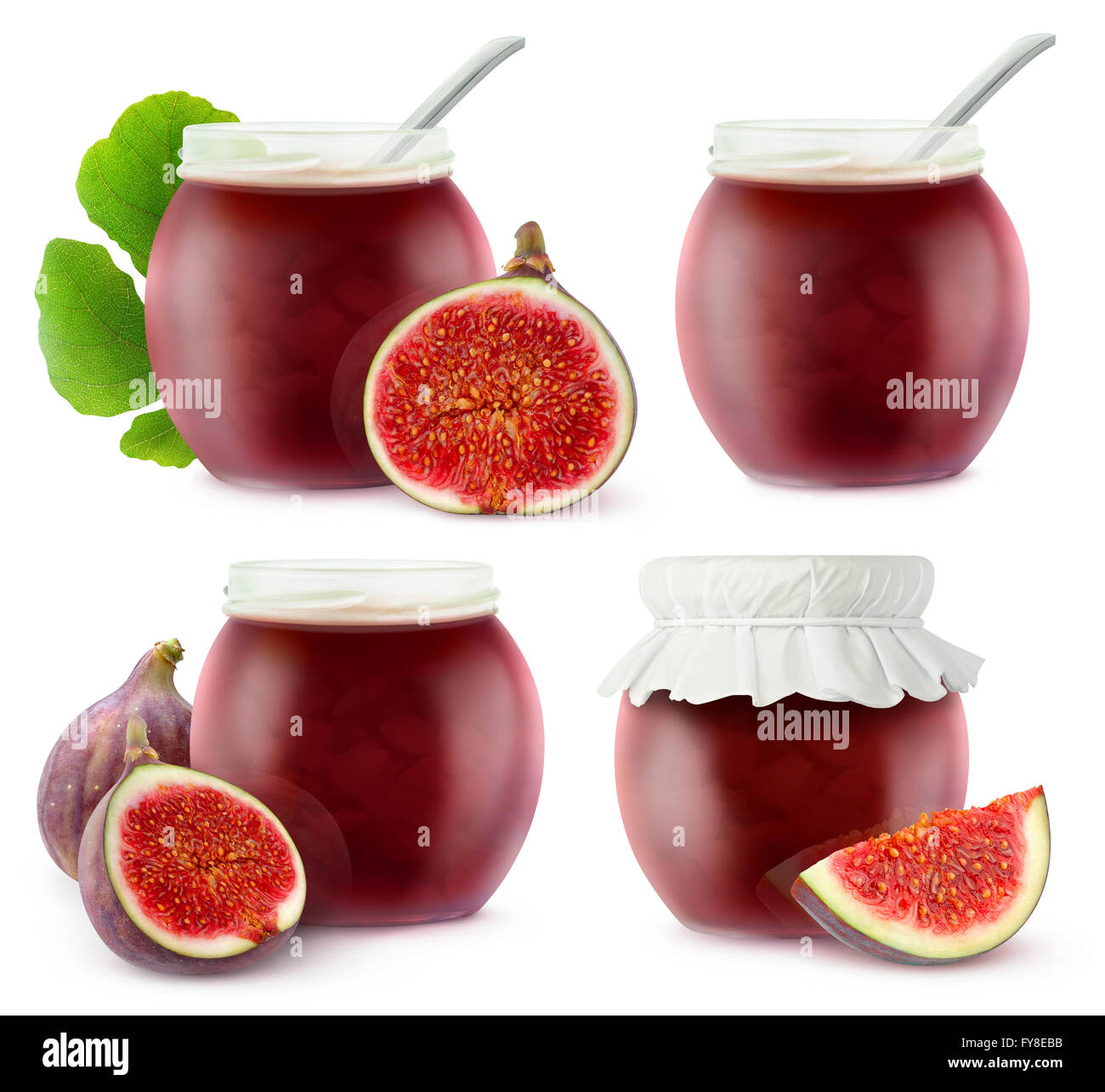 Isolierte Fig Marmeladengläser. Sammlung von offenen Glasgläser mit Marmelade und frische Feigen, isoliert auf weißem Hintergrund mit Stockfoto