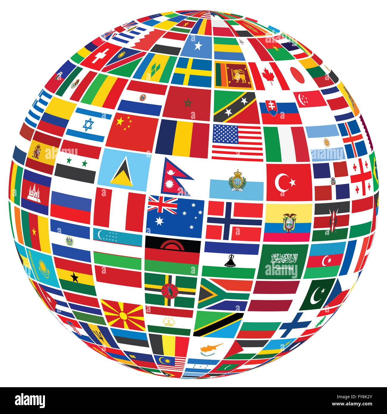Kugel weiß mit Flaggen der Welt überdeckt Stockfoto