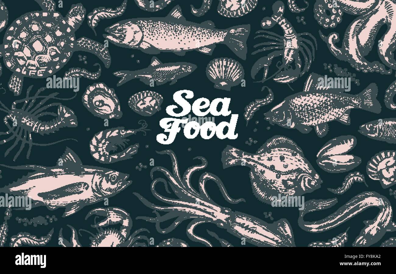 Fisch und Meeresfrüchte. Hand gezeichnete Unterwasserwelt. Vektor-Skizze Stock Vektor